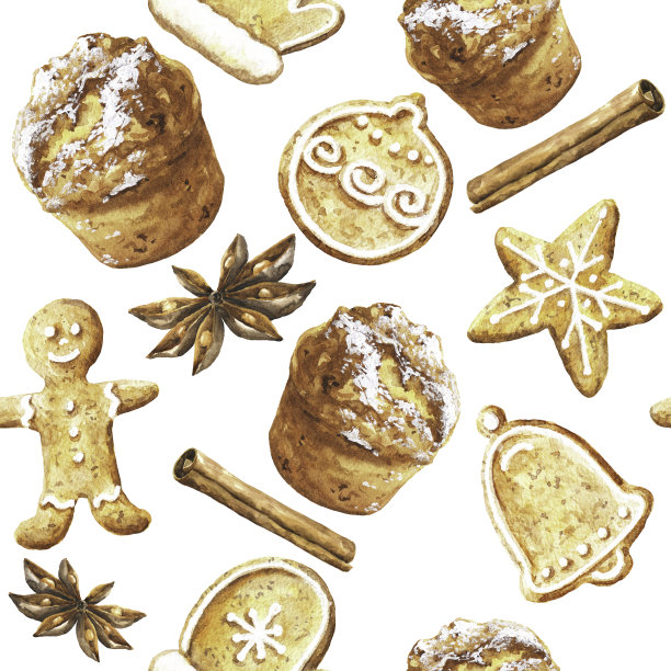 水彩圣诞食品无缝模式姜饼，香料和松饼。手绘水彩插图。图片下载