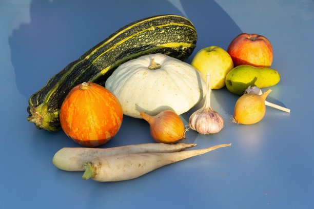 蓝色背景上是新鲜的生蔬菜和水果。有用的素食。图片下载