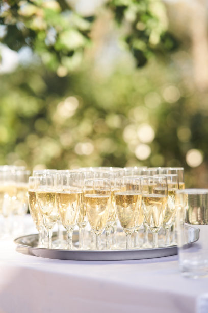 在家庭庆典上，银托盘上放着香槟图片下载