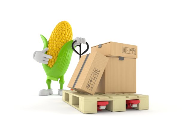 玉米性格与手动托盘卡车与纸板箱图片下载