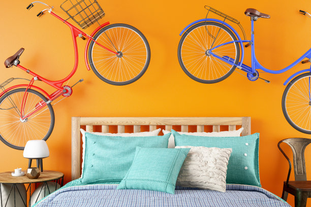 橙色的卧室，墙上有自行车图片下载