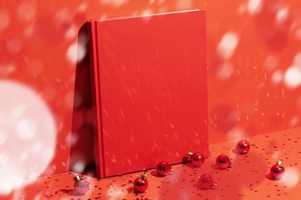 空白的红色杂志封面模型，在红色圣诞背景下的纸屑雨模板图片下载