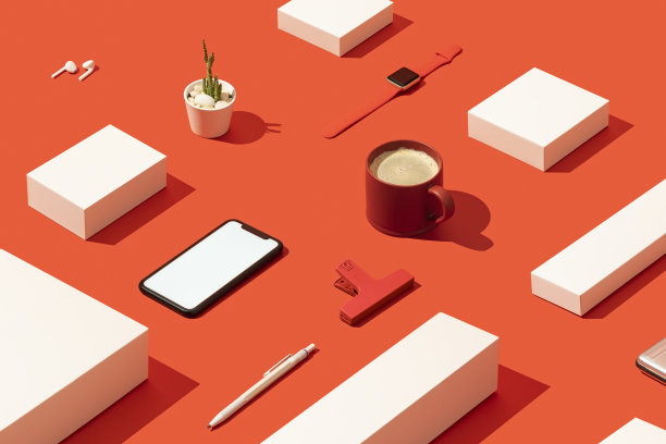 智能手机模型，红色背景和白色礼品盒的模板，图片下载