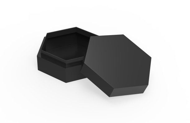 空白的黑色纸板六边形包装盒模型模板上孤立的白色背景，3d插图图片下载