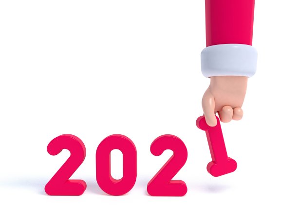 3d渲染，‘2021’写的塑料玩具字体。恭贺新禧，祝圣诞快乐。白种人圣诞老人之手排名第一。孤立。图片下载