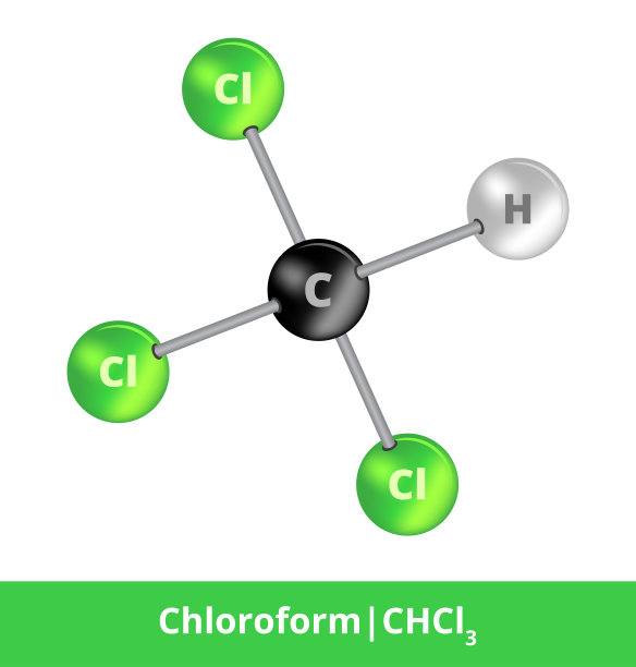 化学物质的球棒矢量模型。氯仿或三氯甲烷分子CHCl3的图标，由碳、氯和氢组成。结构公式孤立在白色背景上。图片下载