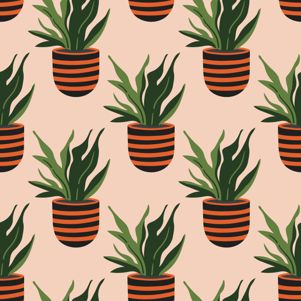 矢量无缝模式与彩色手绘花盆。素描风格，涂鸦植物。植物插图。图片下载