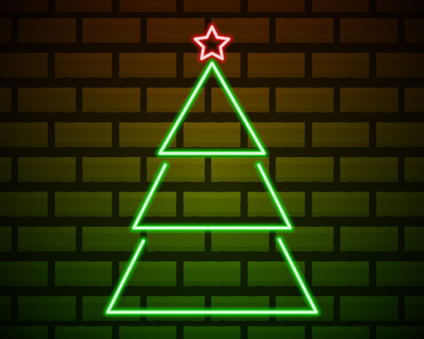 圣诞树霓虹灯。矢量插画的冬季假期促销。孤立在砖墙背景上图片下载