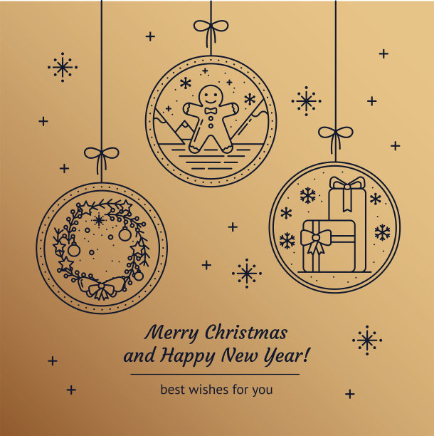 圣诞贺卡与线艺术图标的节日花环，姜饼，礼物在金色背景与雪花。新年的邀请图片下载