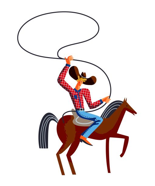 具有套索性格的西部狂野牛仔。美国西部人矢量插图。穿着牛仔裤，衬衫和帽子的人坐在马与绳子在空气隔离的白色背景图片下载