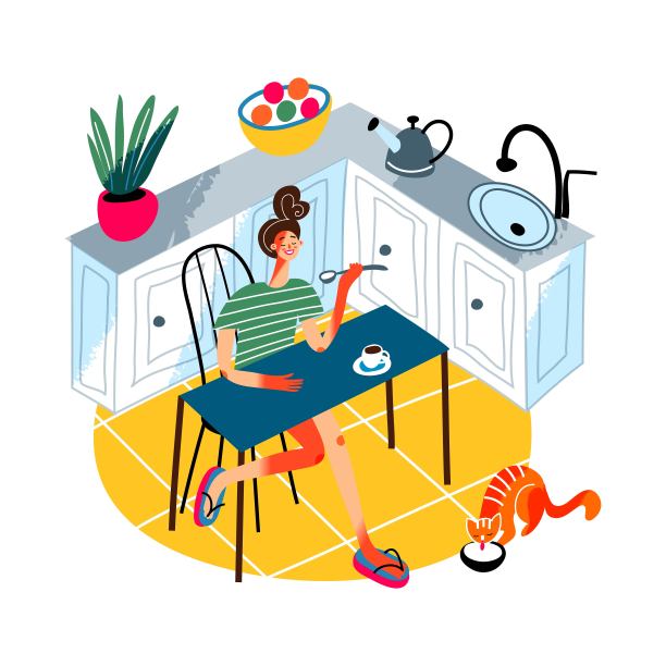 女孩在厨房吃早餐。年轻女子的日常日程安排矢量插图。女人用勺子吃早餐，桌上放着一杯咖啡。猫从地板上的碗里喝牛奶图片下载