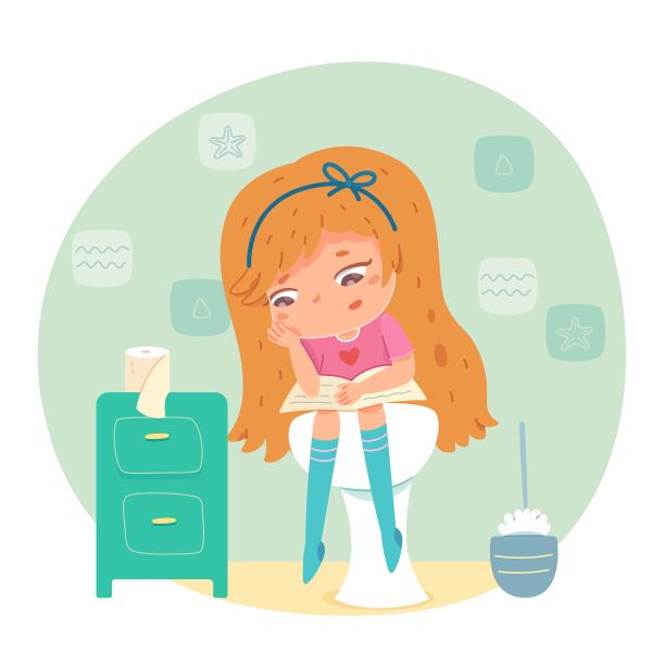 女孩坐在厕所里拿着书。快乐的小孩儿在马桶上看书。健康的日常生活方式常规矢量插图。童年活动，WC背景图片下载