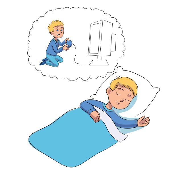 孩子睡觉做梦，在泡泡里玩电脑游戏。安静的男孩晚上在卧室枕头上的毯子下睡觉。快乐童年在睡前矢量插图。睡个好觉图片下载