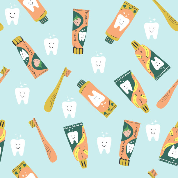手绘无缝牙、牙膏、牙刷图案。卡通人物。卫生，牙齿幼稚的概念。平坦的插图。图片下载