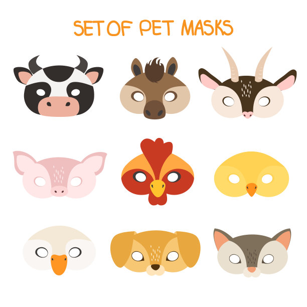 嘉年华宠物面具插画套装:牛，马，山羊，猪，公鸡，鸡，鹅，狗，猫。图片下载