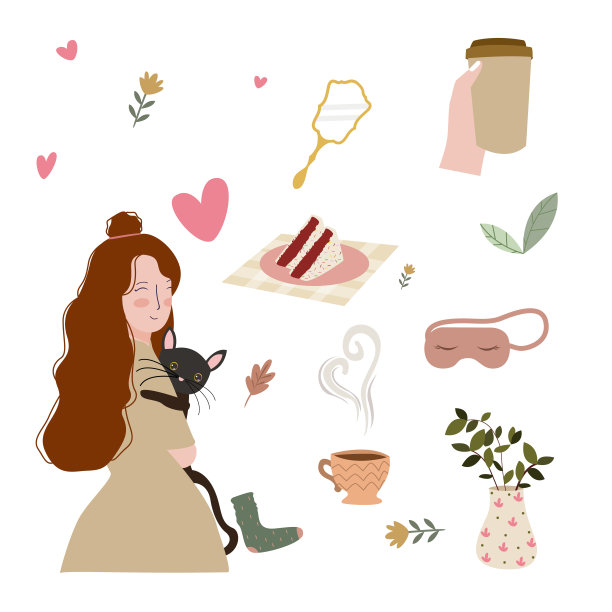 漂亮女人抱猫我时间概念蛋糕咖啡茶镜心背景与平面卡通风格图片下载
