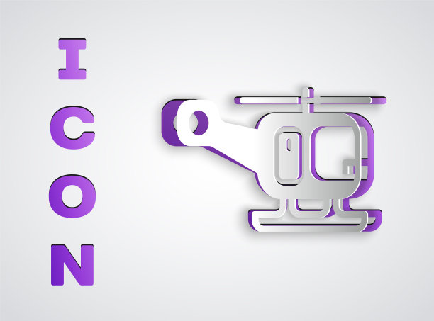 剪纸救援直升机飞机车辆图标孤立在灰色背景。纸艺术风格。向量图片下载