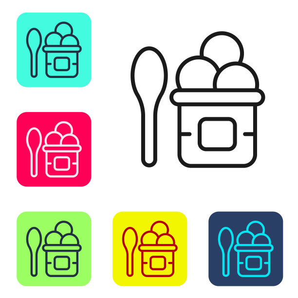 黑线冰淇淋在碗和勺子图标孤立在白色背景。甜蜜的象征。设置图标的颜色方形按钮。向量图片下载