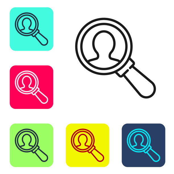 黑线放大镜搜索人图标孤立在白色背景。招聘或选拔概念。寻找雇员和工作。设置图标的颜色方形按钮。向量图片下载