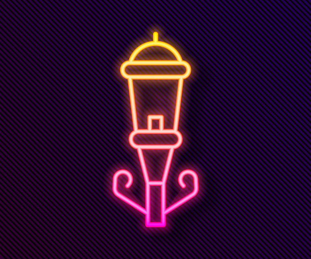 发光的霓虹灯线复古街灯图标孤立在黑色背景。向量图片下载