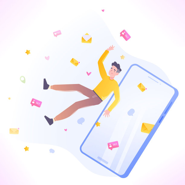 社交媒体成瘾概念。一个伤心的男人爱上了智能手机。社交媒体图标来自手机屏幕，矢量图图片下载