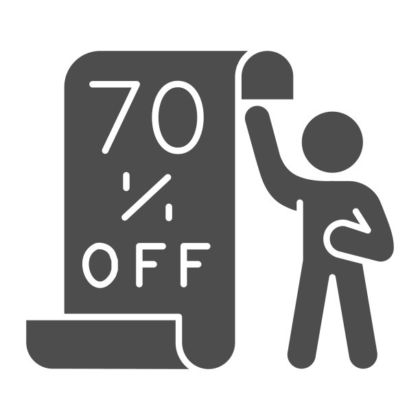 男人与单约70%的折扣固体图标，黑色星期五概念，促销海报标志在白色的背景，男人显示销售板图标在字形。矢量图形。图片下载