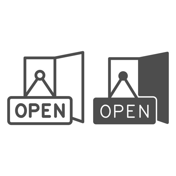 牌匾与文本打开和门线和固体图标，黑色星期五的概念，打开招牌标志在白色背景，打开门标志在轮廓风格的移动概念和网页设计。矢量图形。图片下载