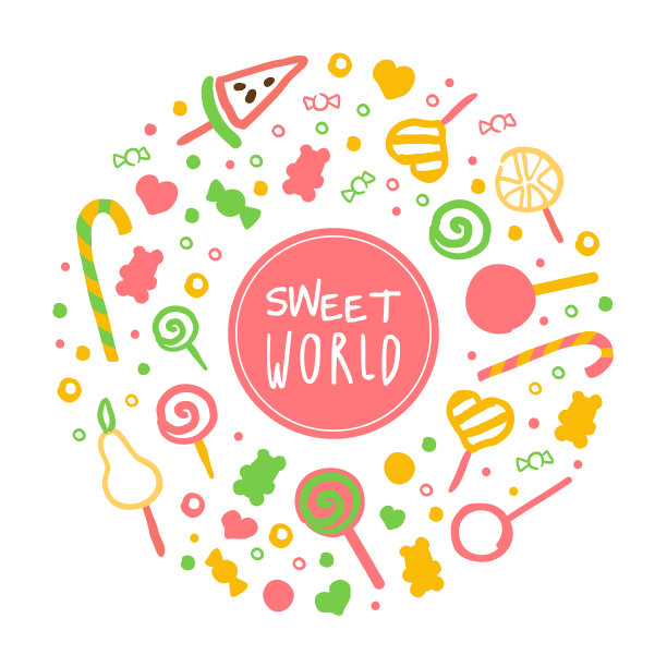 甜蜜的世界旗帜模板与圆形的甜甜点，糖果店，酒吧，咖啡馆，糖果设计卡通矢量插图图片下载