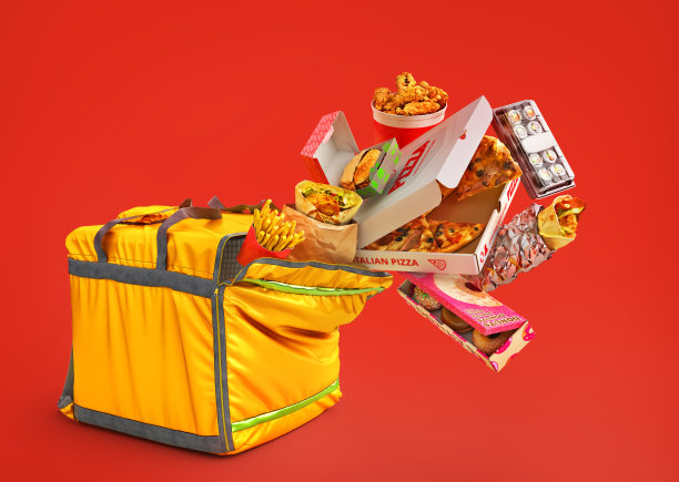 交付的概念。适用于不同食品的非接触式食品运送。在线订购的食物。三维演示图片下载