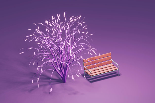 长凳和树，紫色，3d渲染图片下载