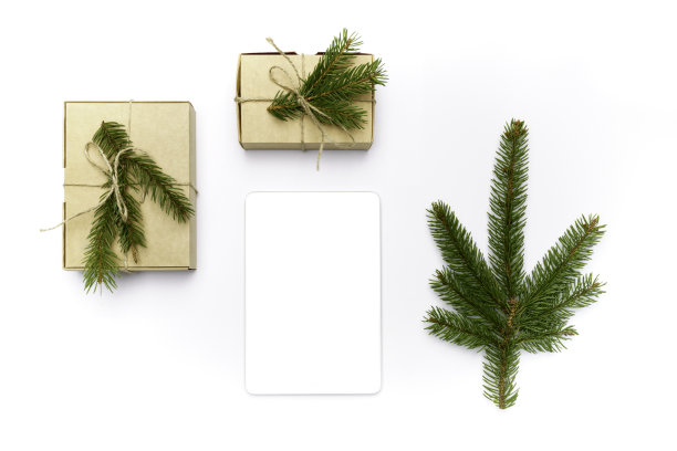 平铺工艺盒与自然绳和松树树枝在白色的背景。图片下载