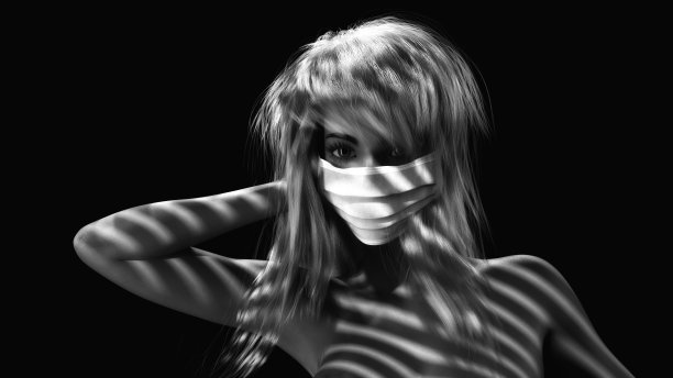 一个女性的脸与面具的3D插图图片下载