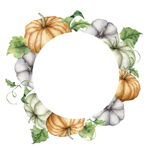 水彩秋天圆边界南瓜和树叶。手绘框架与葫芦孤立在白色的背景。花卉插图设计，印刷，织物或背景。图片下载