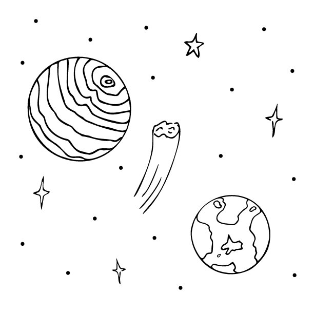 两个行星，一个和地球一样。另一种是更大的条纹气体巨星。彗星介于两者之间。从太空看，星星。手绘轮廓草图。图片下载