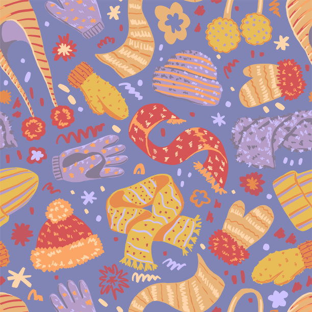 暖手套、围巾、帽子平手绘矢量无缝图案。色彩丰富的背景在斯堪的纳维亚风格。舒适的冬装墙纸。抽象设计版画，装饰，包装，织物，纺织品。图片下载