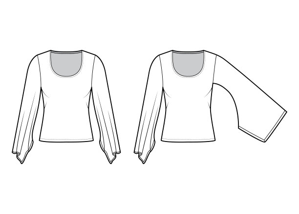 套上衣与和服长袖技术时尚插图与苗条的fit，腰部以下长度的服装衬衫图片下载