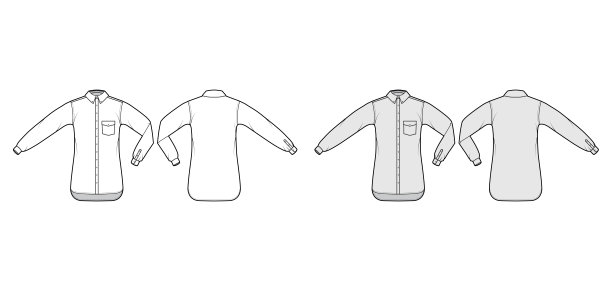 衬衫纽扣的技术时尚插图与角度口袋，肘折，直长袖，超大图片下载