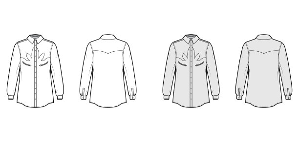 衬衫西方技术时尚插图与长袖，加强口袋，放松适合，轭，钮扣图片下载