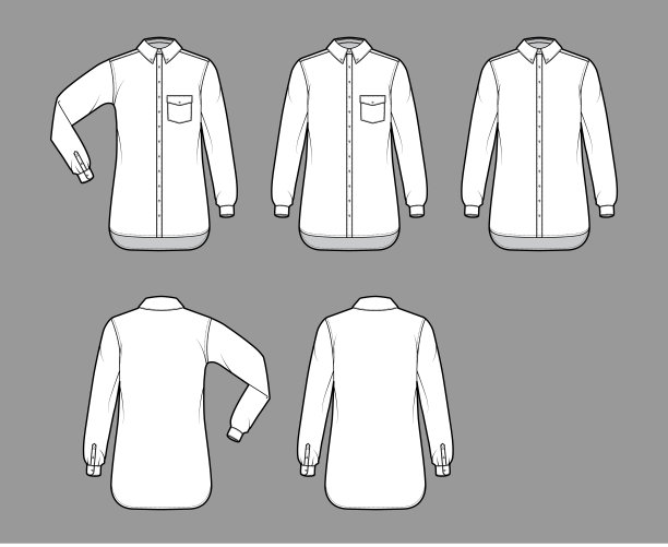 一套衬衫扣下技术时尚插图角度口袋，肘折，直长袖，超大图片下载