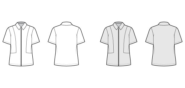 衬衫全拉链技术时尚插画短袖，放松适合，轭式，平领。模板前图片下载