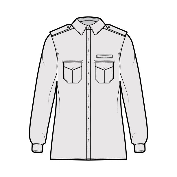 衬衫军事技术时尚插图肩章，褶边角口袋，长袖，放松适合，钮扣图片下载