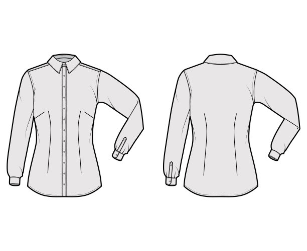 衬衫合身的技术时尚插图与肘折长袖，修身，省道，钮扣，常规领图片下载