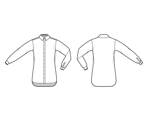 衬衫领扣技术时尚插图与肘折，直长袖袖口，超大，领子图片下载