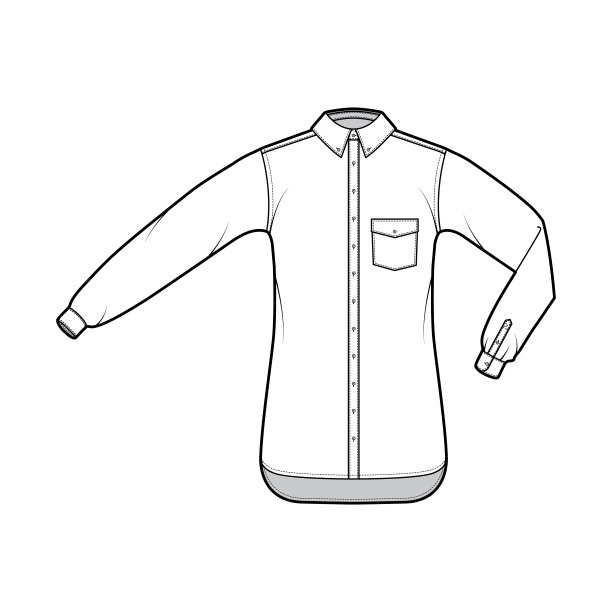 衬衫纽扣的技术时尚插图与角度口袋，肘折，直长袖，超大图片下载