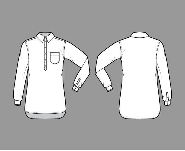 衬衫套头技术时尚插图与圆形口袋，肘部折长袖，超大半襟纽扣图片下载