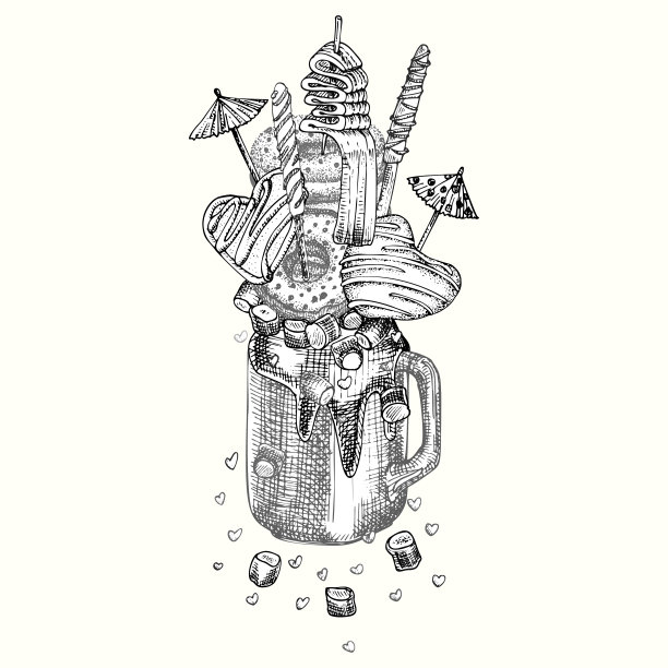 怪兽摇甜品，孤立背景。手绘黑白艺术，素描风格巧克力，甜甜圈，冰淇淋，糖果，饼干，棉花糖设计为餐厅，咖啡馆，酒吧，菜单向量图片下载
