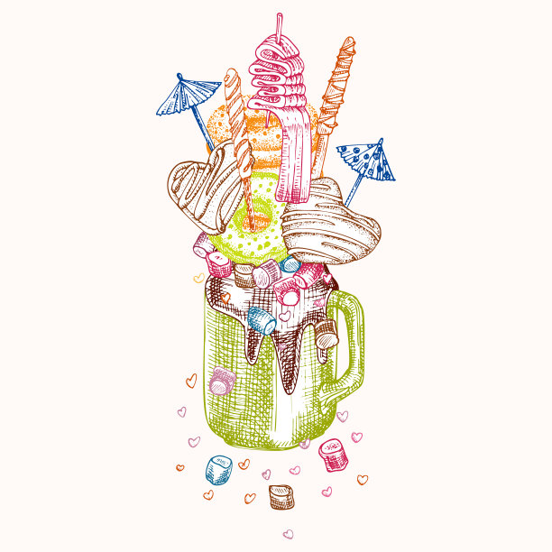 怪兽摇甜品，孤立背景。巧克力，甜甜圈，冰淇淋，糖果，饼干，棉花糖设计为餐厅，咖啡馆，酒吧，菜单矢量图片下载