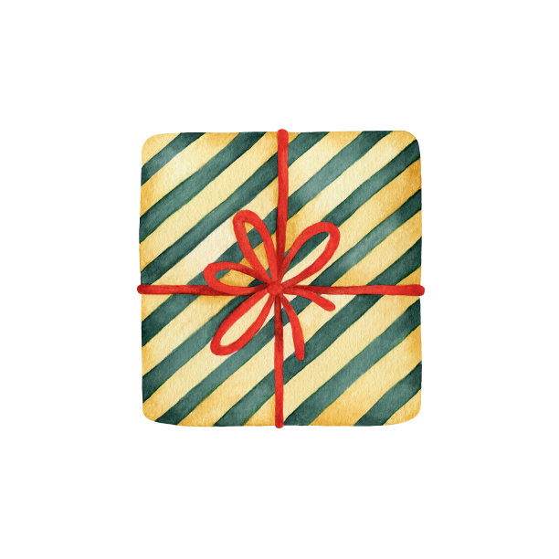 水彩画条纹礼品盒。绿黄圣诞和生日礼物盒与红丝带。手工绘制的对象，剪贴画，为假日设计隔离的元素图片下载