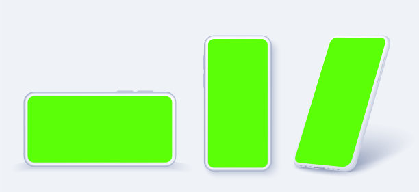 白色手机俯视图，侧视图和旋转位置。绿色屏幕的智能手机，便于编辑。白色的智能手机模型。空的轮廓的手机。矢量图图片下载