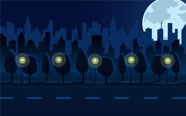 平坦的城市夜景与蓝色的建筑和黑暗的天空图片下载